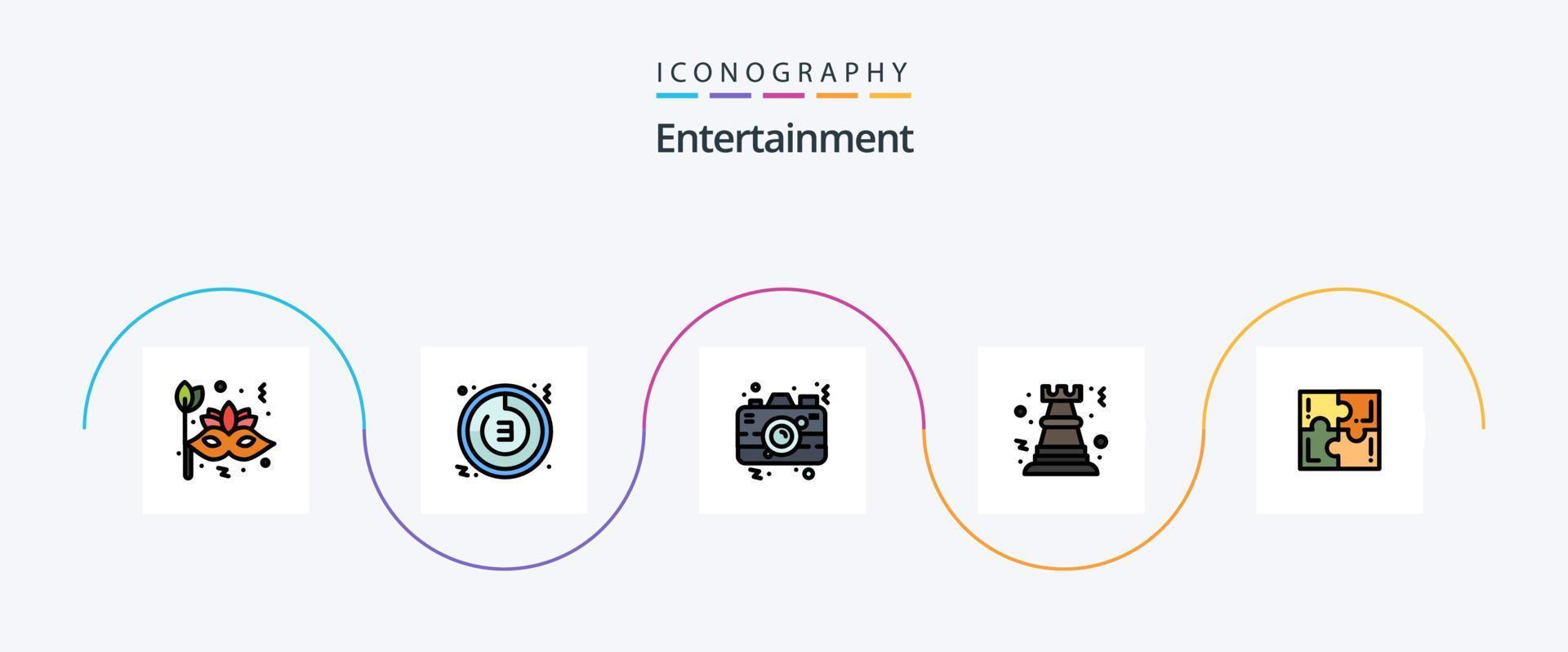underhållning linje fylld platt 5 ikon packa Inklusive spel. pantsätta. klocka. bild. Foto vektor