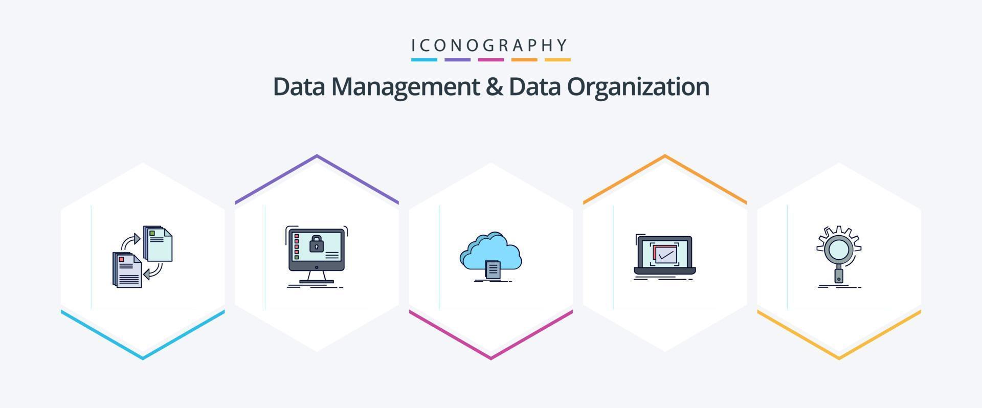 data förvaltning och data organisation 25 fylld linje ikon packa Inklusive checklista. systemet. systemet. ladda ner. dokumentera vektor