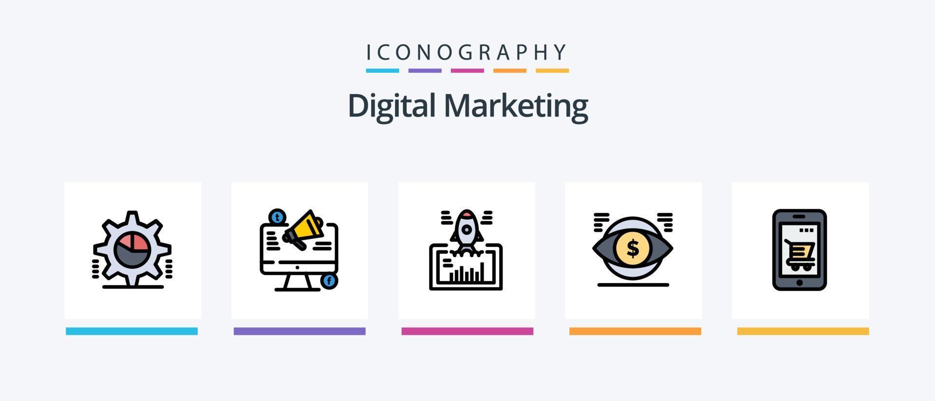 digital marknadsföring linje fylld 5 ikon packa Inklusive marknadsföring. kampanj. video. statistik. paj Graf. kreativ ikoner design vektor