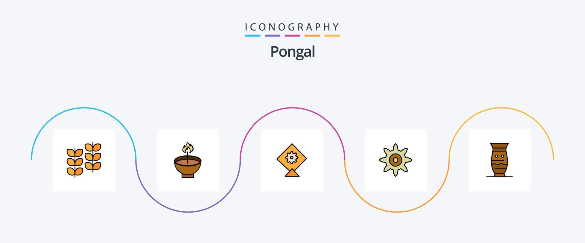 Pongal-Linie gefülltes flaches 5-Icon-Paket einschließlich global. Keramik. Festival. Gang. Festival vektor