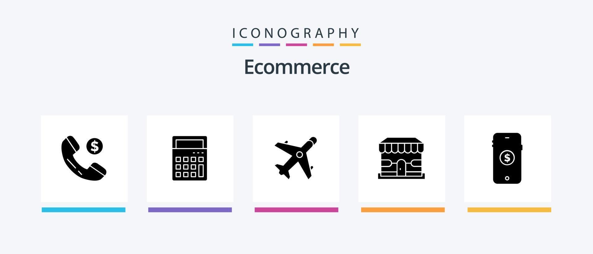 E-Commerce Glyph 5 Icon Pack inklusive Shopping. E-Commerce. Markt. speichern. Geschäft. kreatives Symboldesign vektor