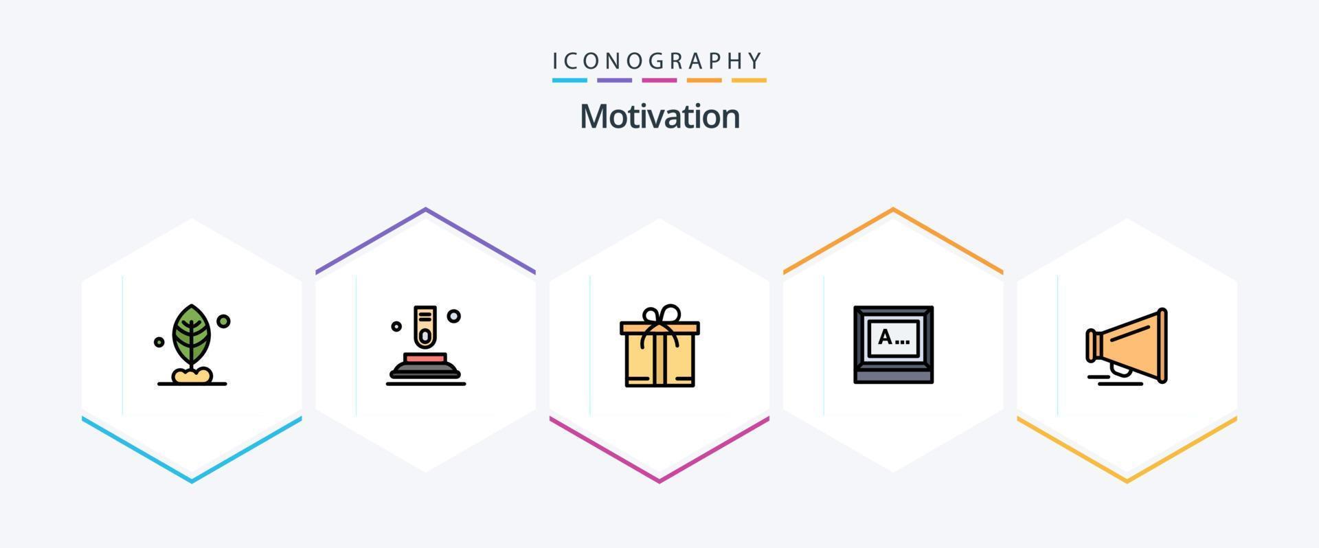 Motivation 25 Filledline Icon Pack inklusive . loben. Kasten. Lautsprecher. Text vektor