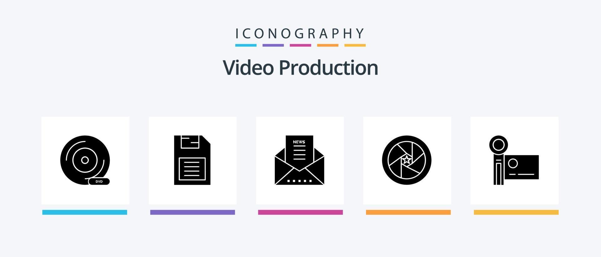 video produktion glyf 5 ikon packa Inklusive film stjärna. kändis. sd kort. meddelande kuvert. kreativ ikoner design vektor