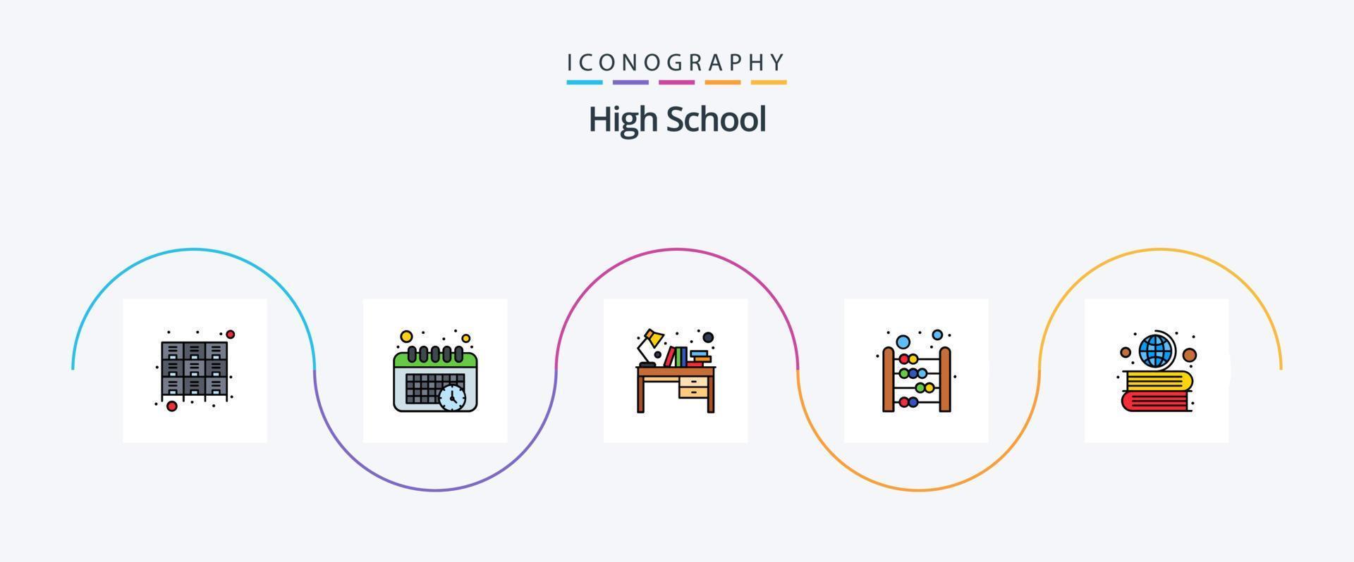 Highschool-Linie gefülltes flaches 5-Icon-Paket mit Büchern. Ausbildung. Bücher. berechnen. Schreibtisch vektor