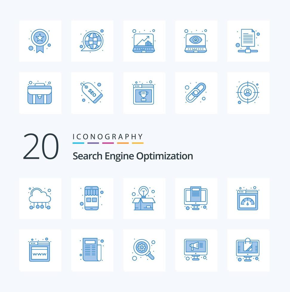 20 seo blå Färg ikon packa tycka om sida snabb paket seo marknadsföring vektor