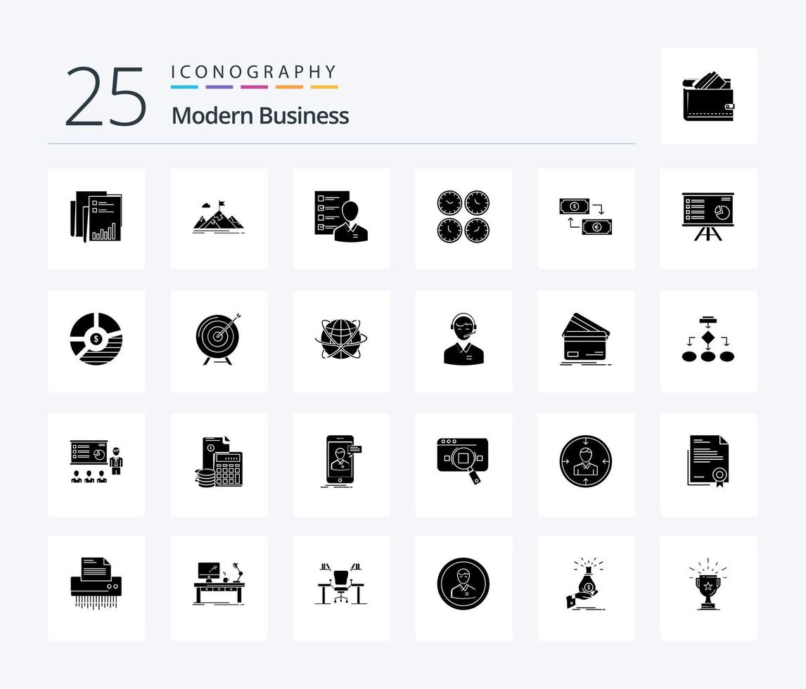 Modern Business 25 solides Glyphen-Icon-Pack inklusive Mitarbeiter. Fähigkeiten. Ziel. Profil. Berge vektor