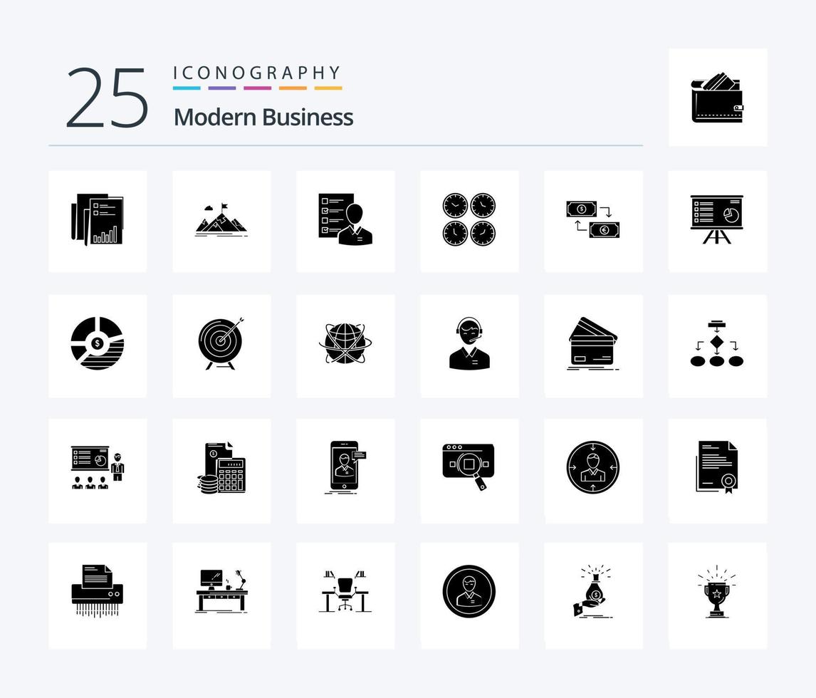 modern företag 25 fast glyf ikon packa Inklusive anställd. förmågor. syfte. profil. bergen vektor