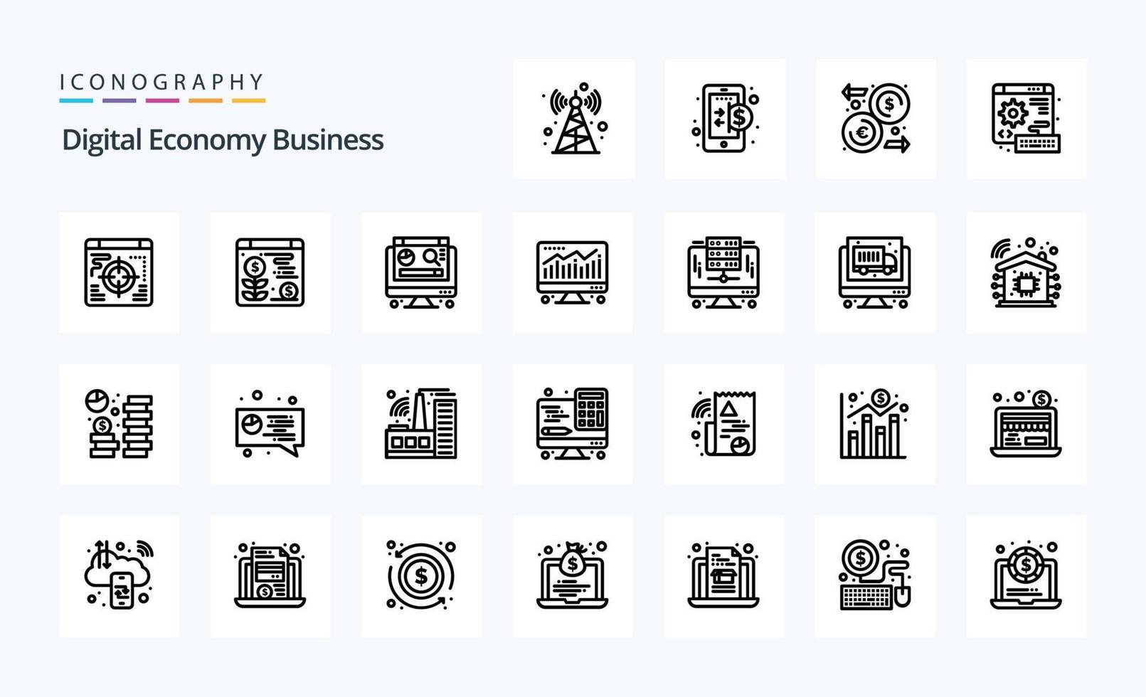 25 digital ekonomi företag linje ikon packa vektor