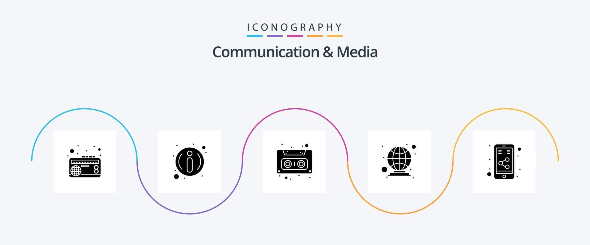 kommunikation och media glyf 5 ikon packa Inklusive media. människor. audio. klot. kommunicera vektor