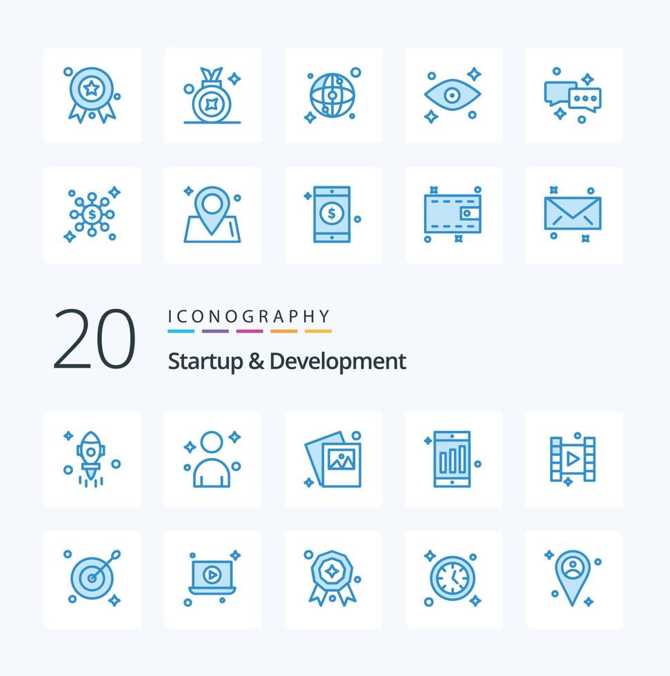 20 Start- und Entwicklungssymbole in blauer Farbe wie Aim-Film-Image-Play-Chart vektor