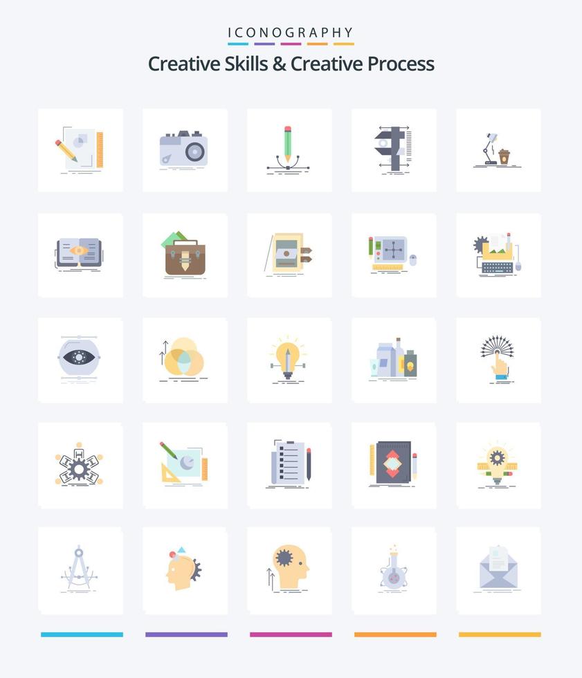 kreativ kreativ Kompetens och kreativ bearbeta 25 platt ikon packa sådan som skjutmått. mäta. Foto. dra. penna vektor