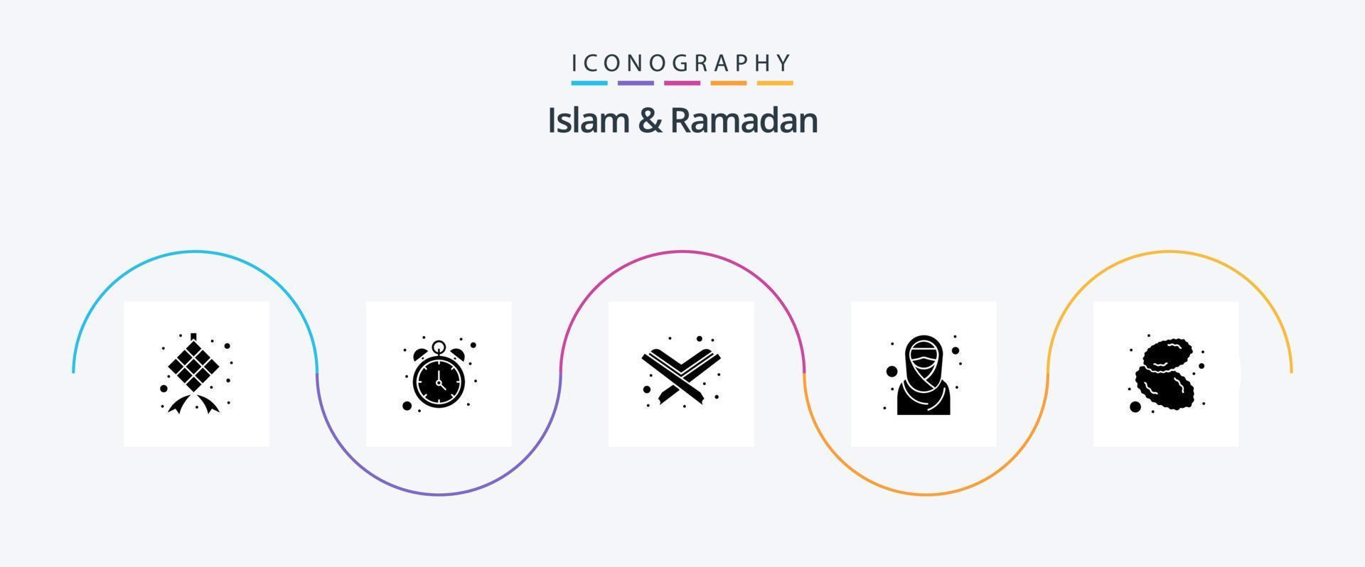 islam och ramadan glyf 5 ikon packa Inklusive frukt. mat. muslin. muslim. hijab vektor