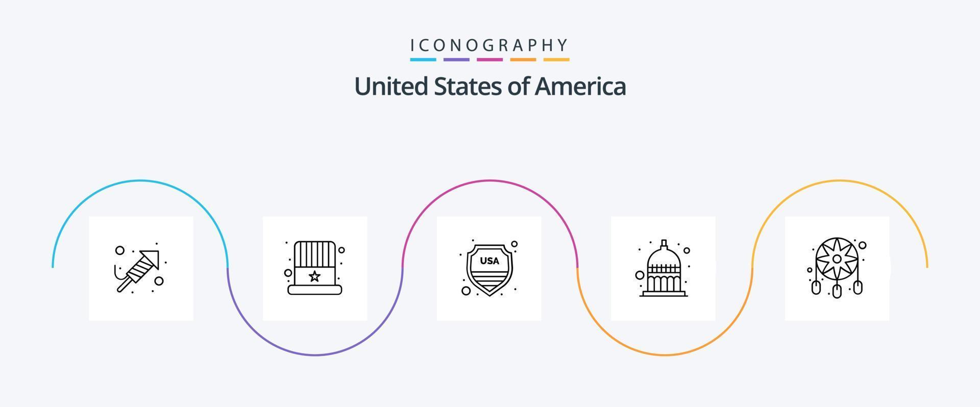 USA Line 5 Icon Pack inklusive Dekoration. USA. Sicherheit. Staatshaus. Indiana vektor