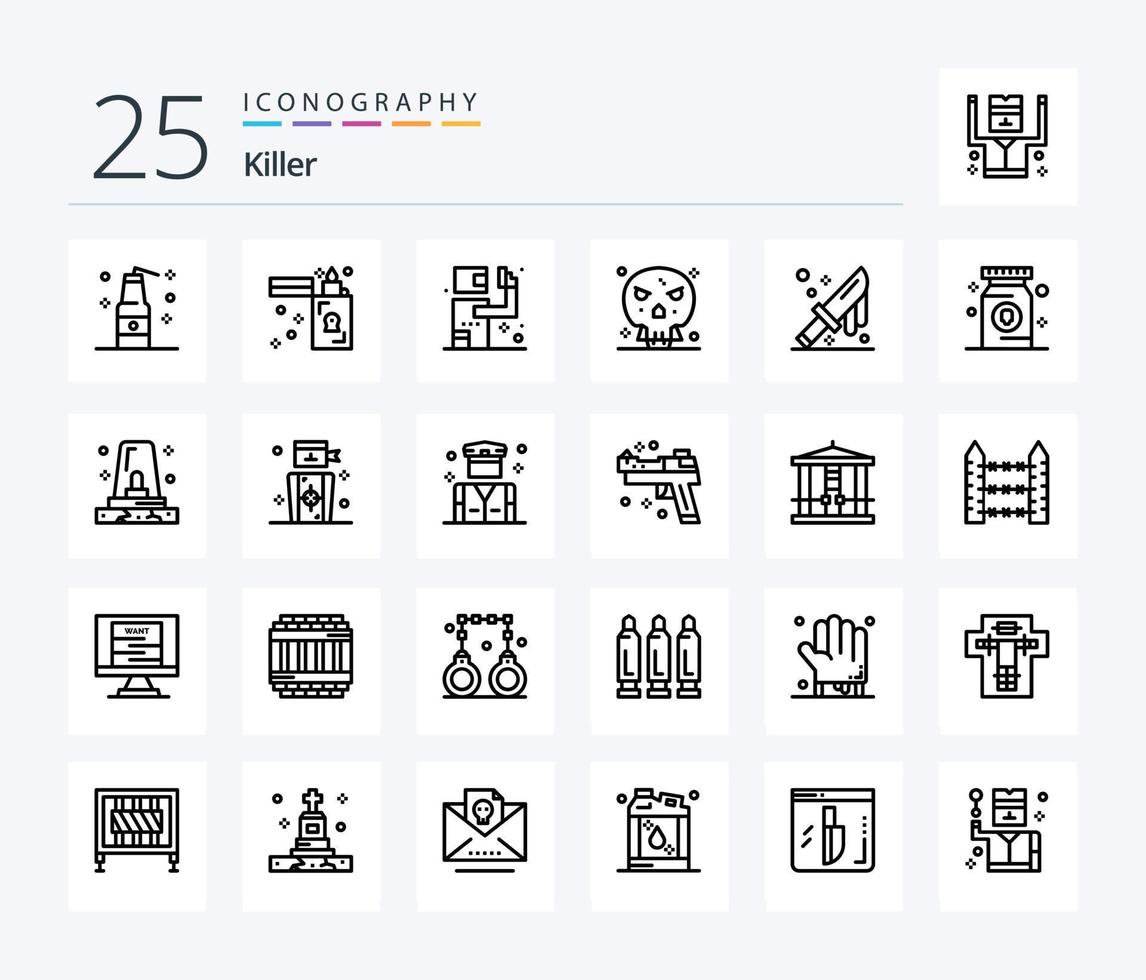 Killer 25 Line Icon Pack inklusive Schnitt. Schädel. Attentäter. Form. Knochen vektor