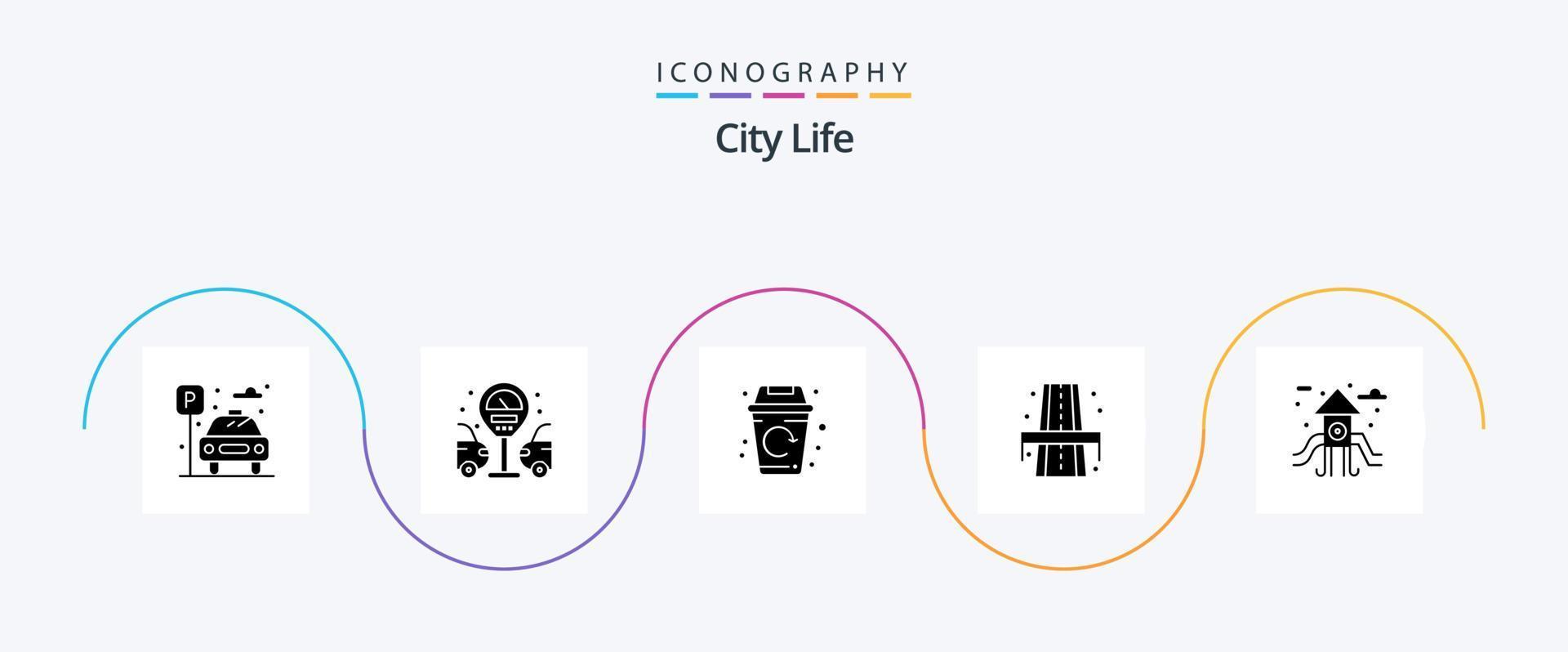 City Life Glyph 5 Icon Pack inklusive Spielplatz. Stadt. Leben. Weg. Leben vektor