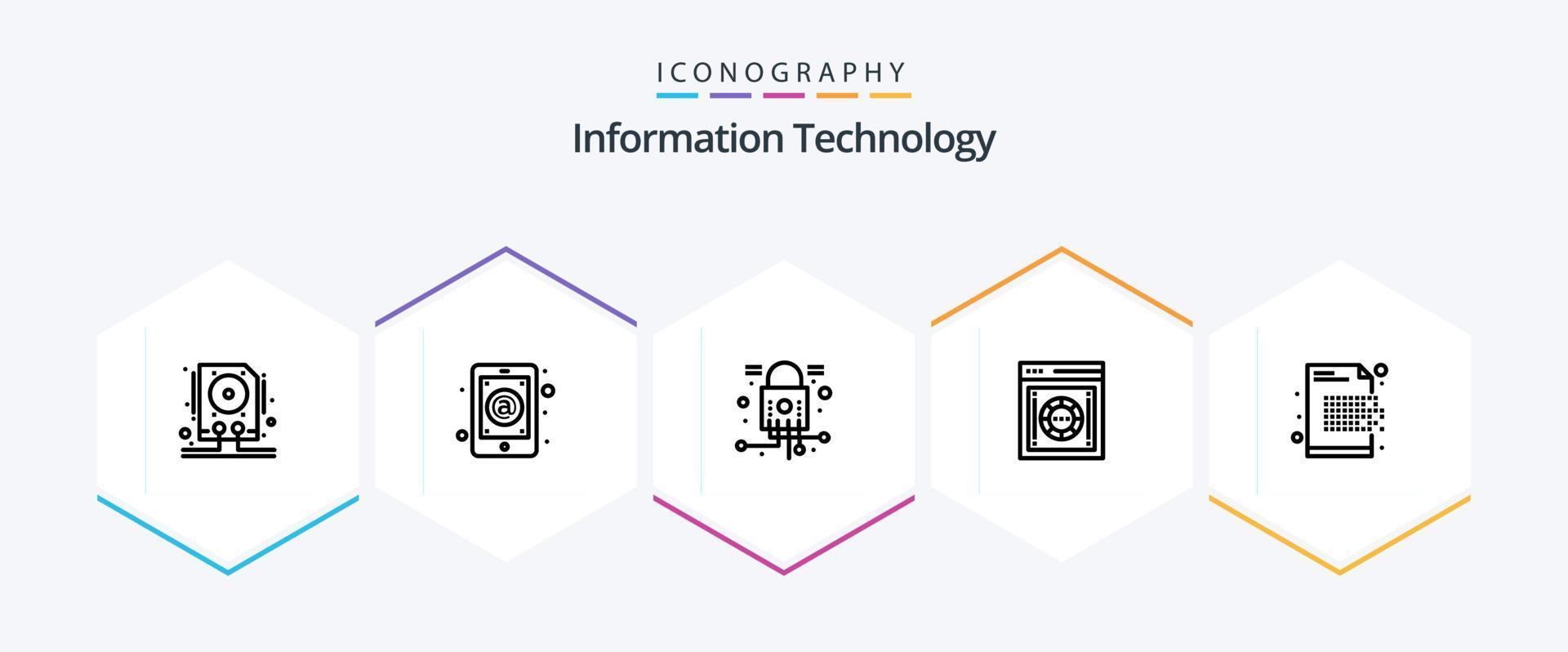 Informationstechnologie 25-Zeilen-Icon-Pack einschließlich Sicherheit. sicher. Handy, Mobiltelefon. Internet. Sicherheit vektor