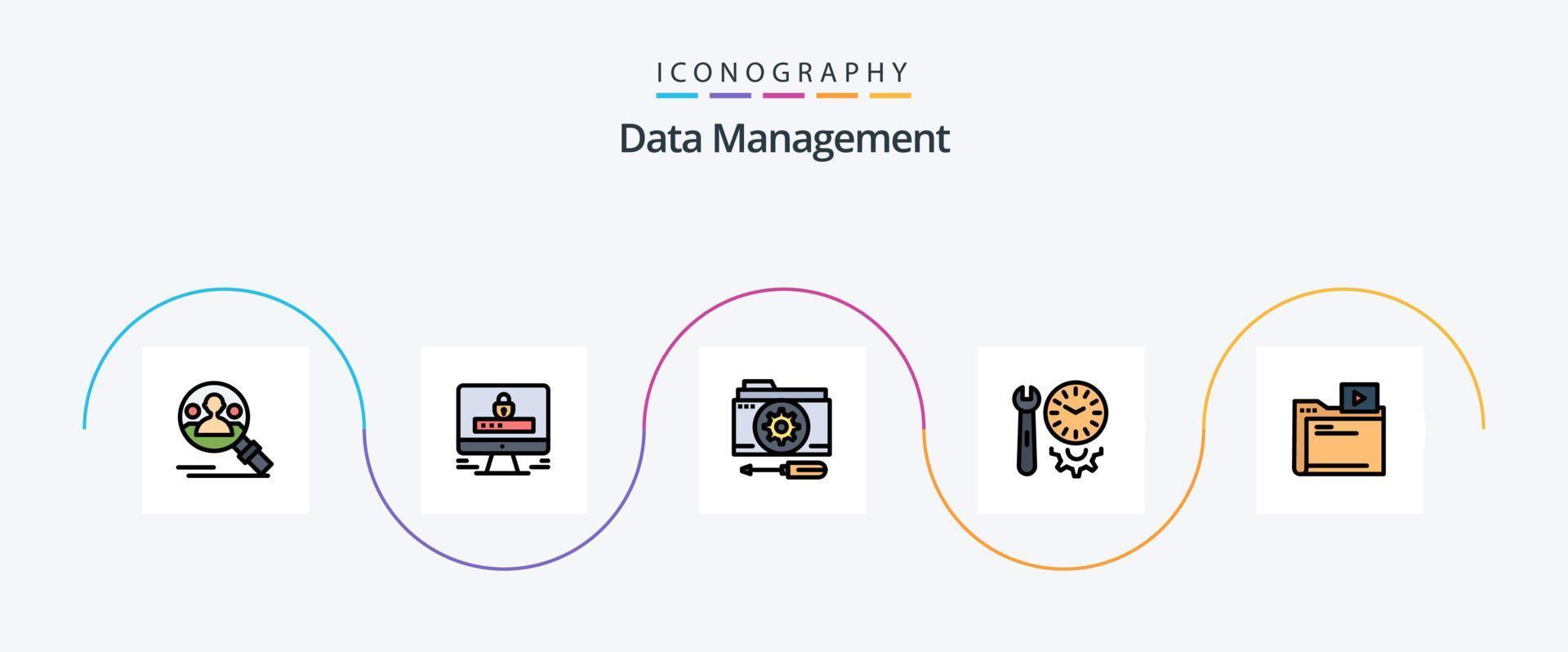 Datenverwaltungslinie gefülltes flaches 5-Icon-Paket einschließlich Tools. Vorlieben. Aufbau. Optionen. Werkzeug vektor