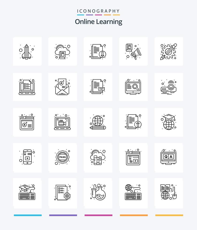 kreatives Online-Lernen 25 Gliederungssymbolpakete wie Apps. lernen. Buch. gesprochen. Literatur vektor