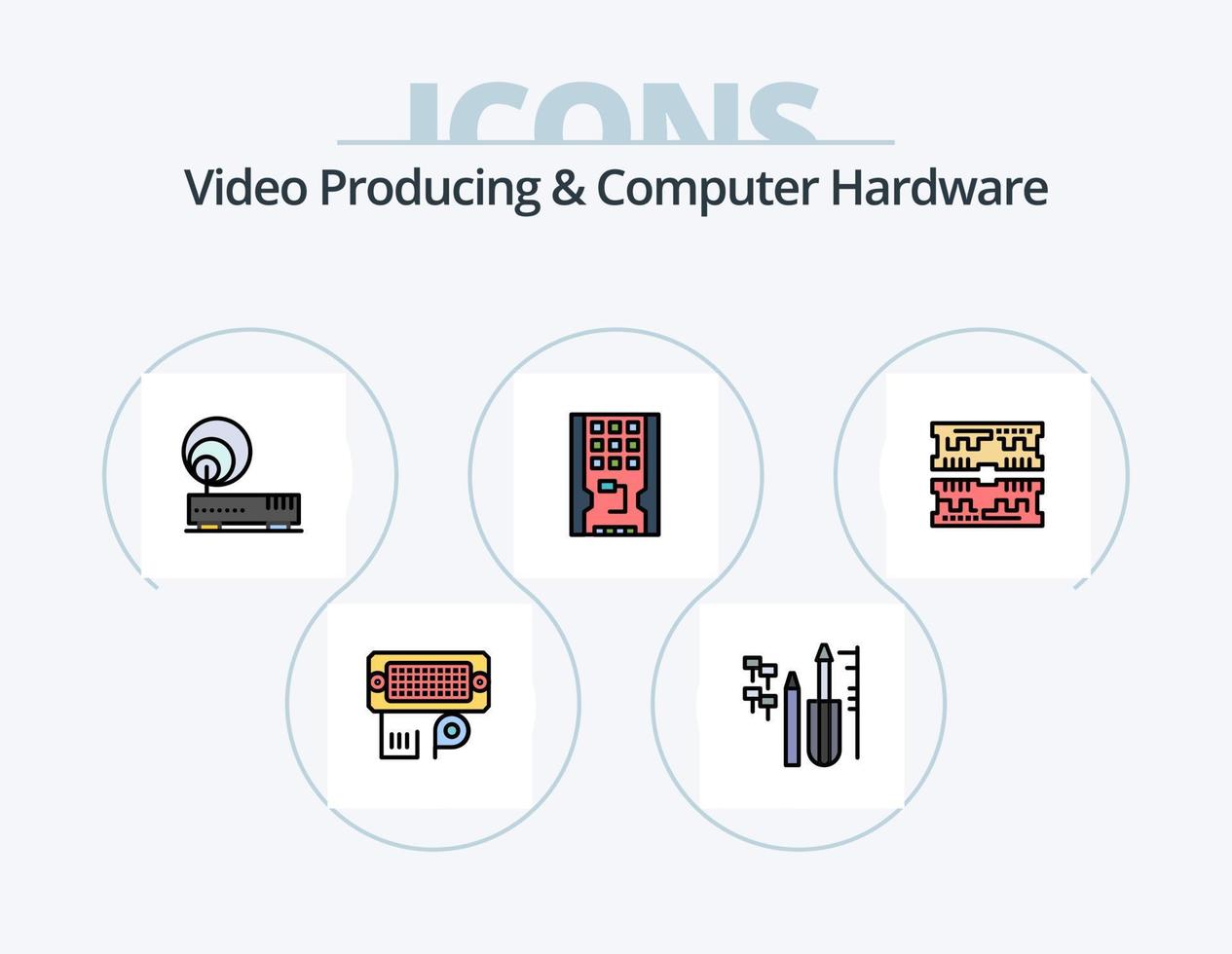 Videoproduktion und Computerhardware-Linie gefüllt Icon Pack 5 Icon Design. Fall. atx. Maus. Installation. Treiber vektor