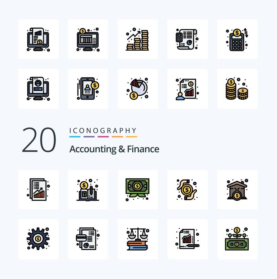 20 bokföring och finansiera linje fylld Färg ikon packa tycka om inteckning forskning företag transaktion kort vektor