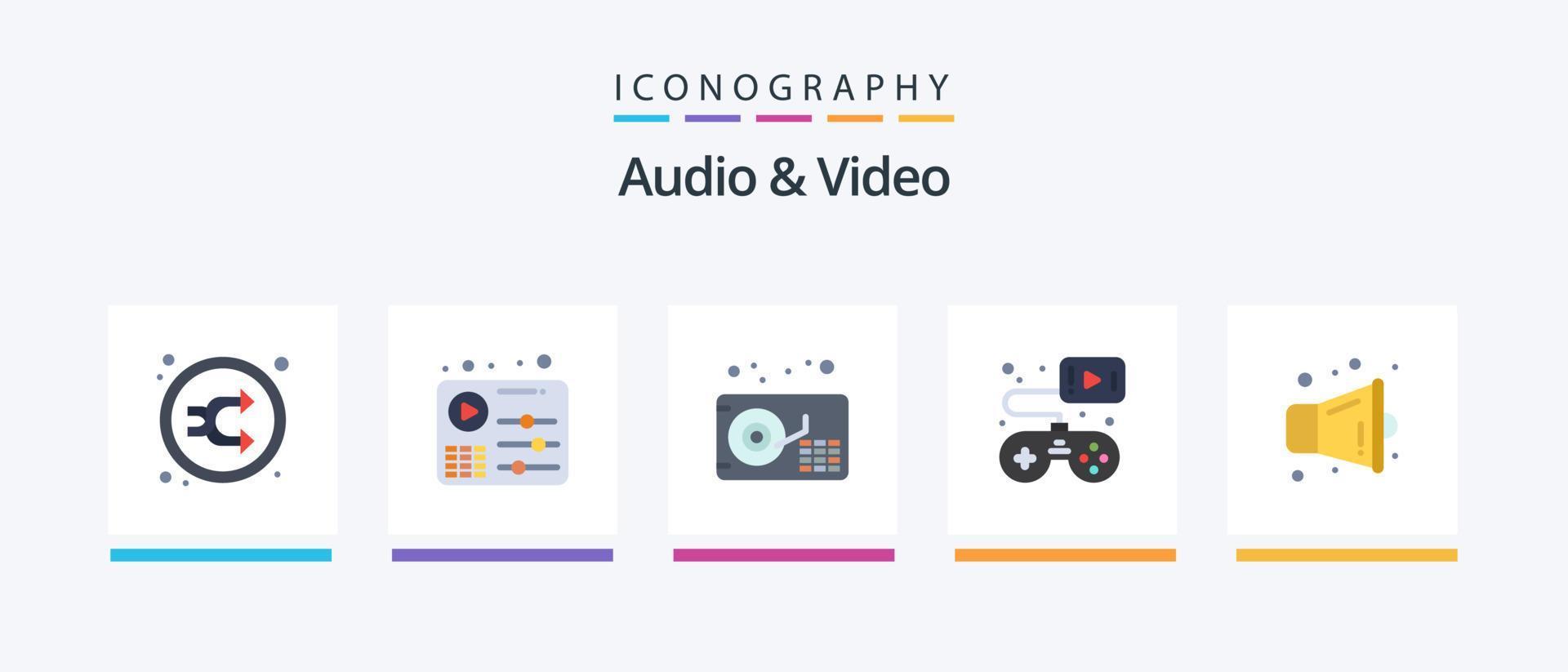 Audio und Video Flat 5 Icon Pack inklusive Multimedia. Videospiel. spielen. Gamepad. Regler. kreatives Symboldesign vektor