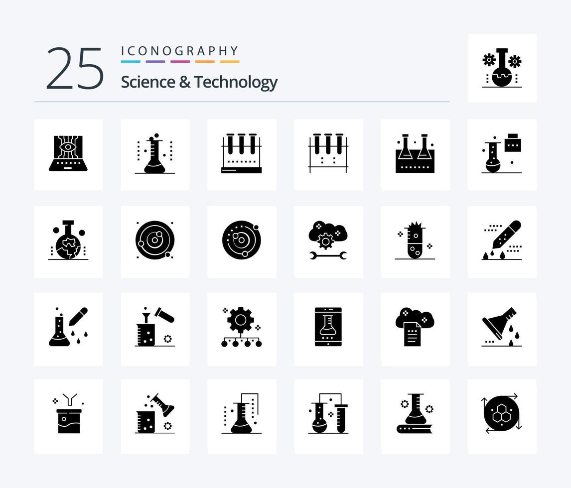 Wissenschaft und Technologie 25 feste Glyphen-Icon-Packs, einschließlich wissenschaftlicher Untersuchungen zum Ursprung der Erde. Erdkunde. Laborglaswaren. Wissenschaftliches Portfolio. naturwissenschaftliche Bildung vektor