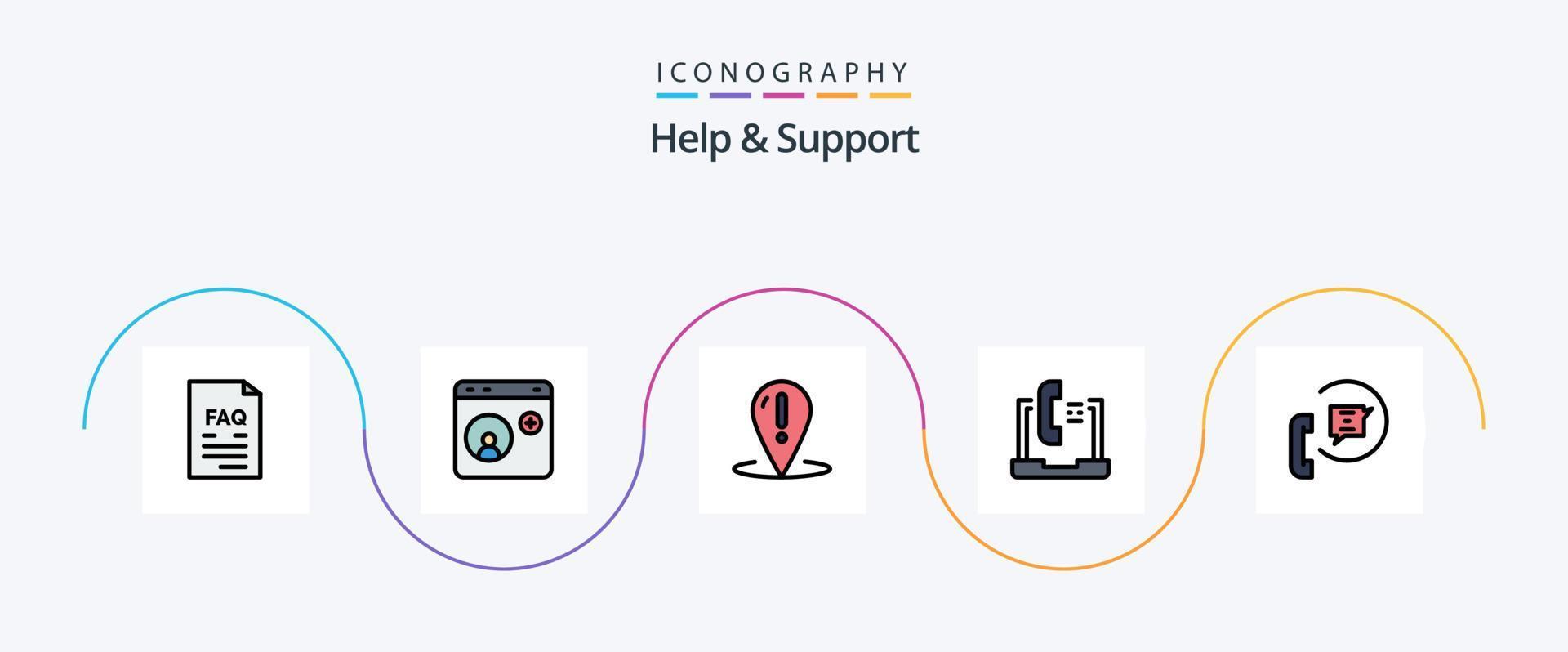 Hilfe- und Support-Linie gefülltes flaches 5-Icon-Paket einschließlich Hilfe. Kommunikation. Internet. Unterstützung. Ort vektor