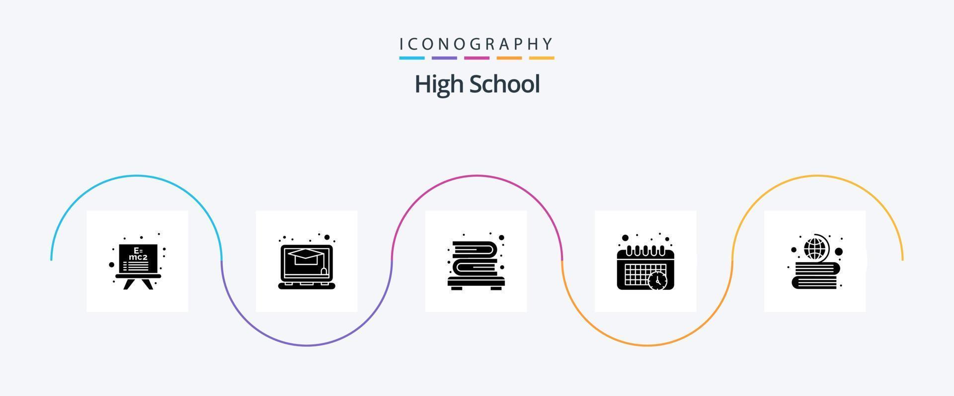 High School Glyphe 5 Icon Pack inklusive . Globus. Bücherregal. Erdkunde. Bücher vektor