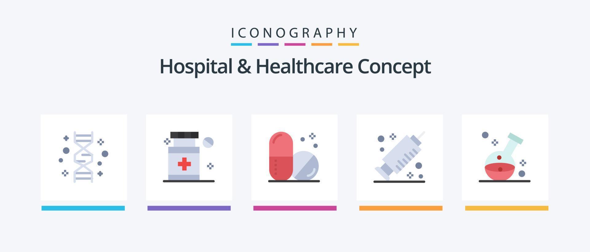 sjukhus och sjukvård begrepp platt 5 ikon packa Inklusive . medicinsk. medicin. laboratorium. sjukvård. kreativ ikoner design vektor