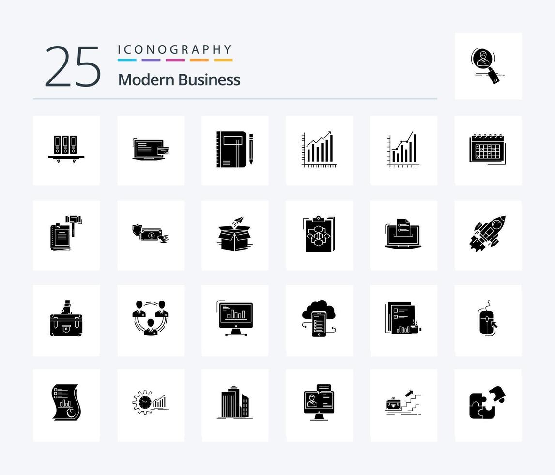 Modern Business 25 solides Glyphen-Icon-Pack inklusive Stift. Notizblock. Geschäft. Notiz. Arbeitsmappe vektor