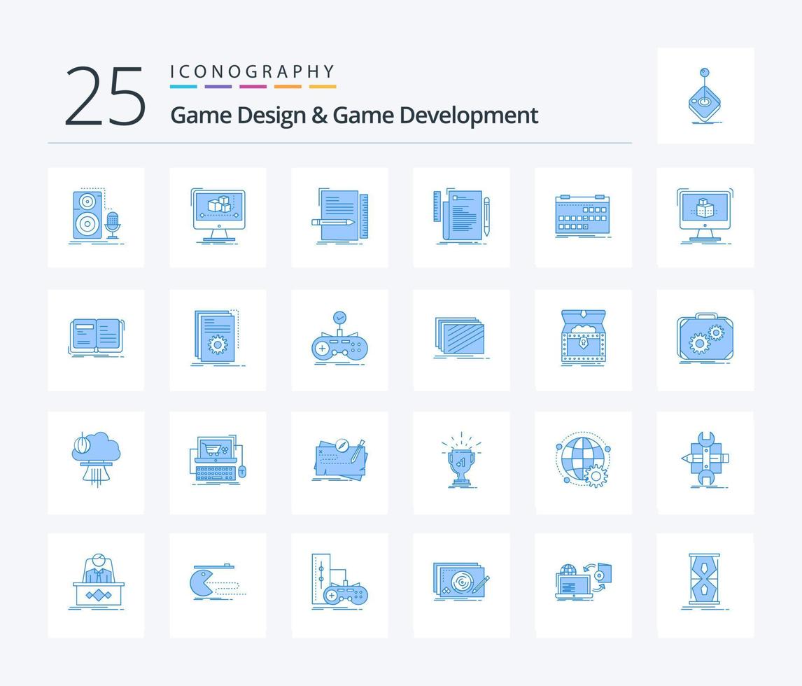 spel design och spel utveckling 25 blå Färg ikon packa Inklusive händelse. kalender. övervaka. manus. fil vektor
