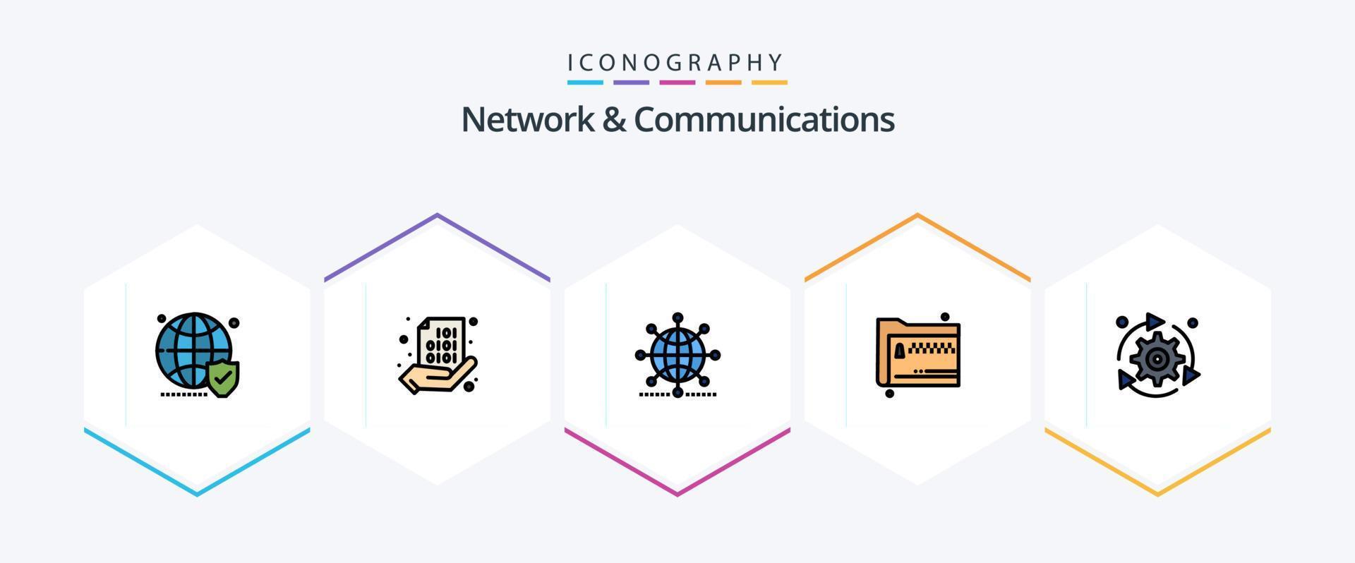 nätverk och kommunikation 25 fylld linje ikon packa Inklusive filer. mapp. hand. värld. nätverk vektor