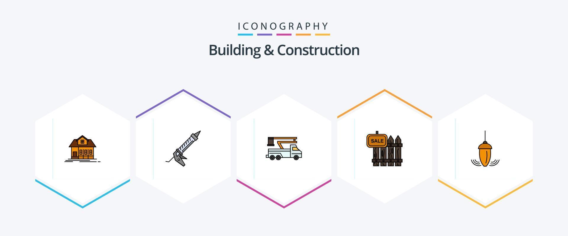 byggnad och konstruktion 25 fylld linje ikon packa Inklusive försäljning. trä. redskap. staket. lyft vektor