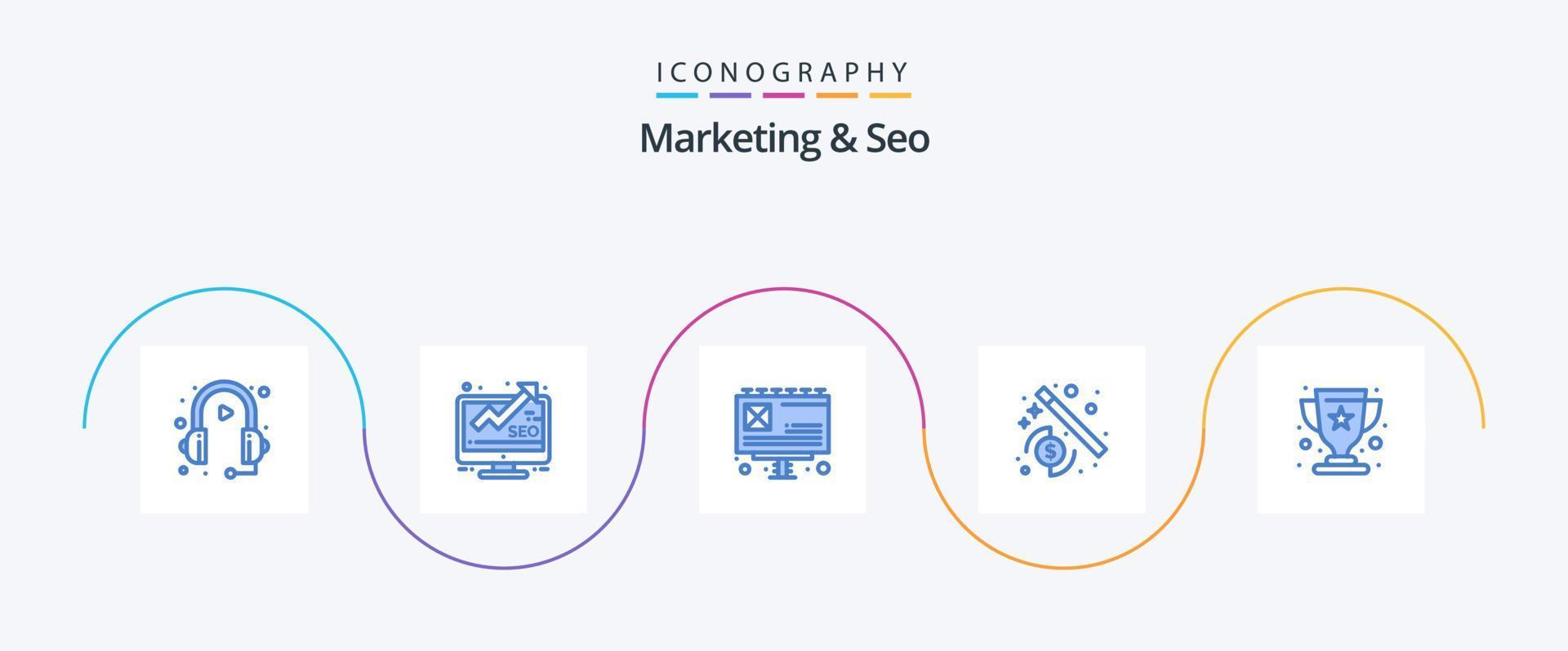 marknadsföring och seo blå 5 ikon packa Inklusive vinnare. kopp. seo. trollkarl. pengar vektor