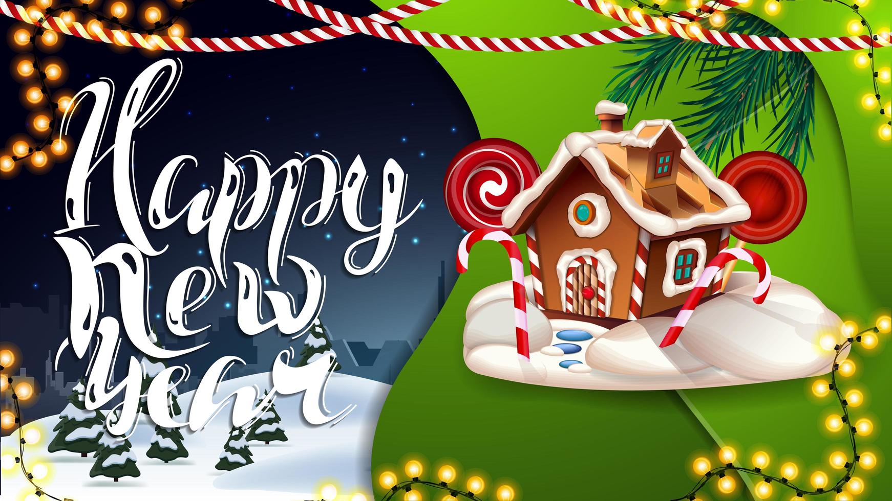 gott nytt år, blått och grönt vykort med girlander, vinterlandskap och pepparkakshus för jul vektor
