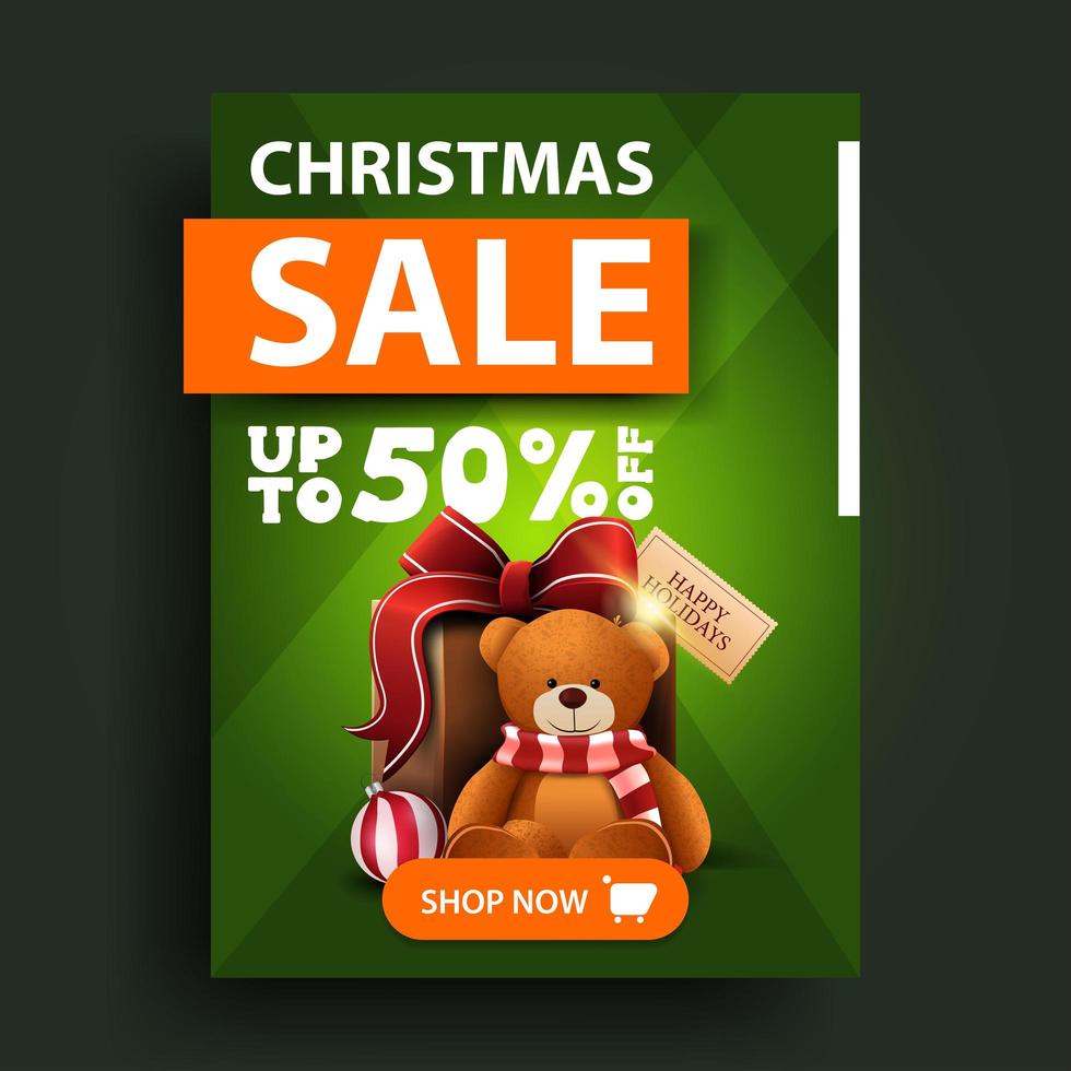 julförsäljning, upp till 50 rabatt, grön vertikal rabattbanner med knapp och present med nallebjörn vektor