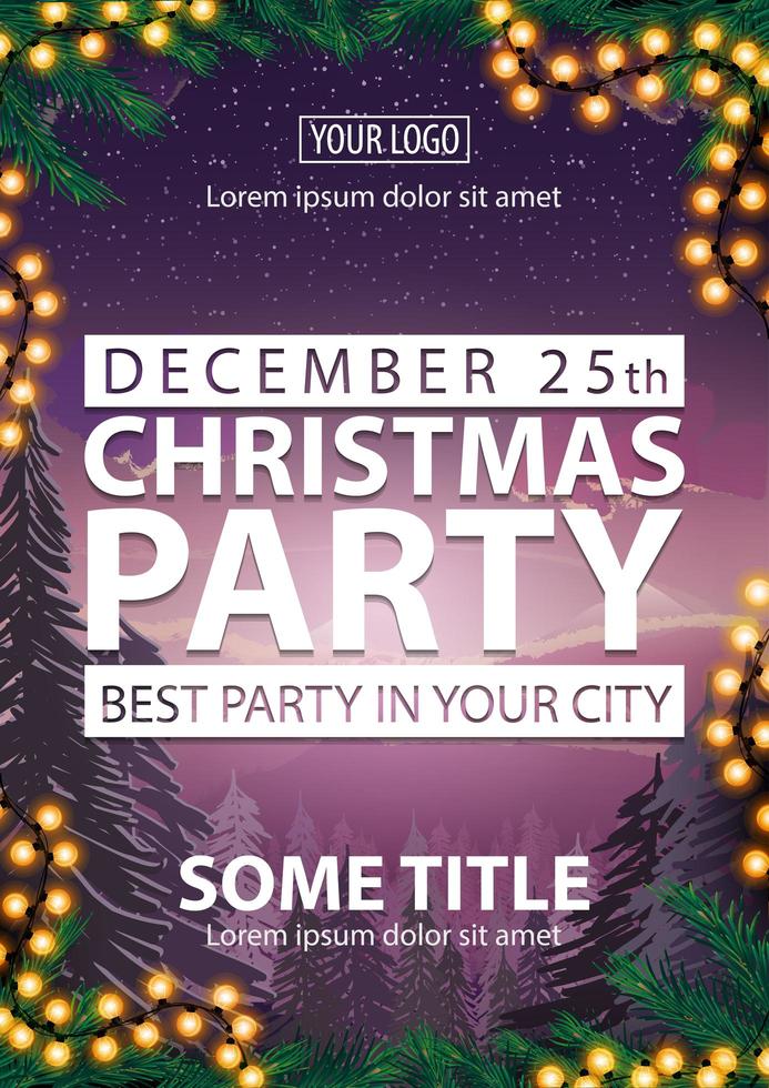 julfest, bästa fest i din stad, affisch med vita bokstäver, vinterlandskap på bakgrund, julgransgrenar och krans vektor