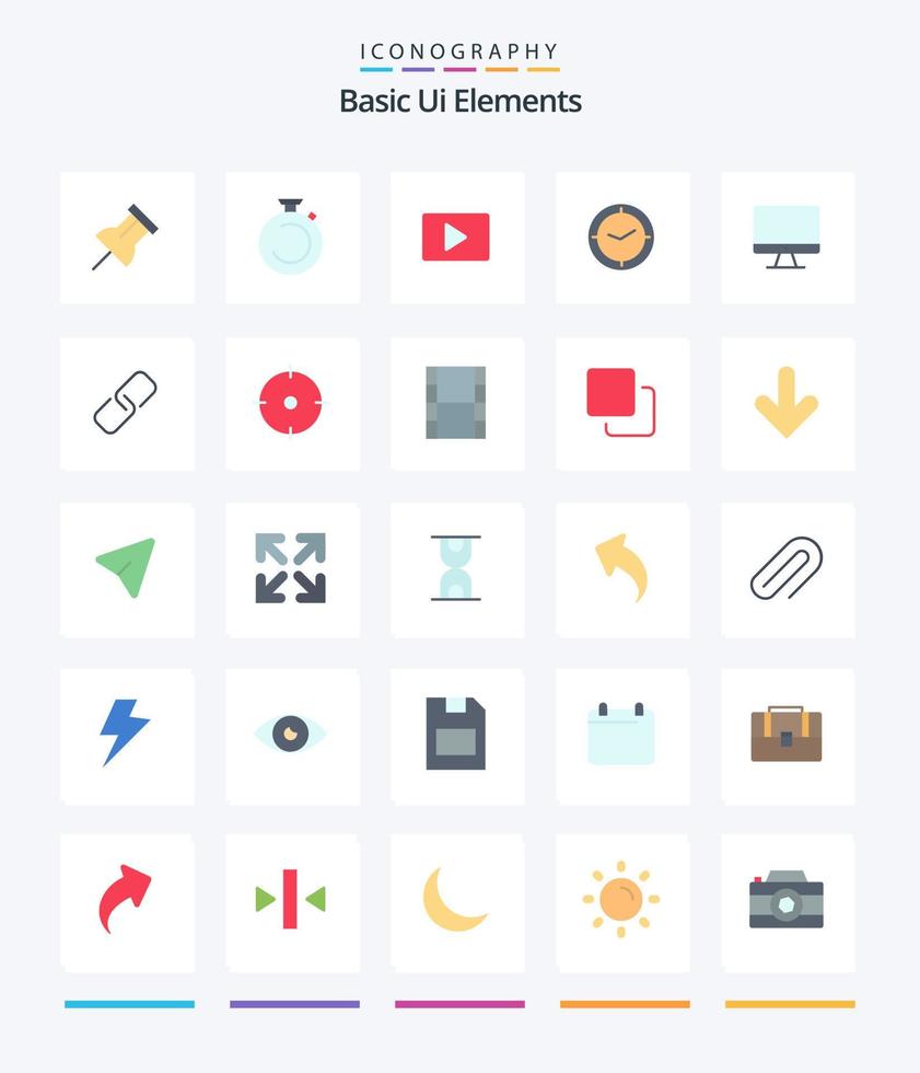 Creative Basic UI Elements 25 Flat Icon Pack wie Monitor. Uhr. Youtube. Timer. betrachten vektor