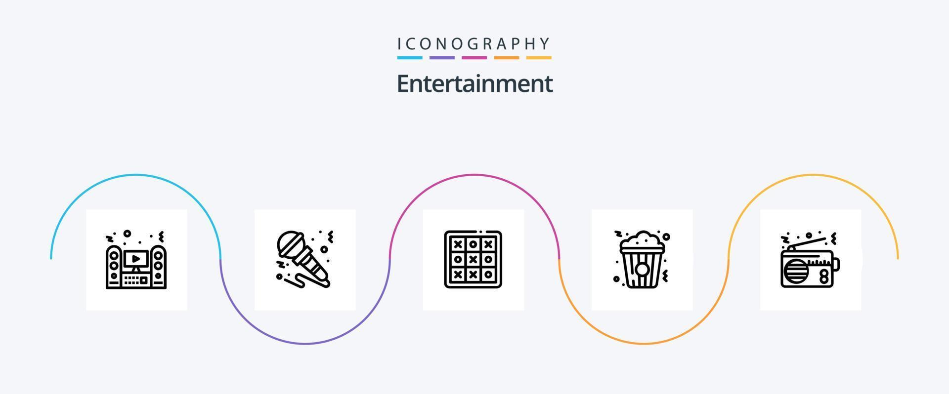 underhållning linje 5 ikon packa Inklusive mellanmål. popcorn. musik. spel. tic vektor