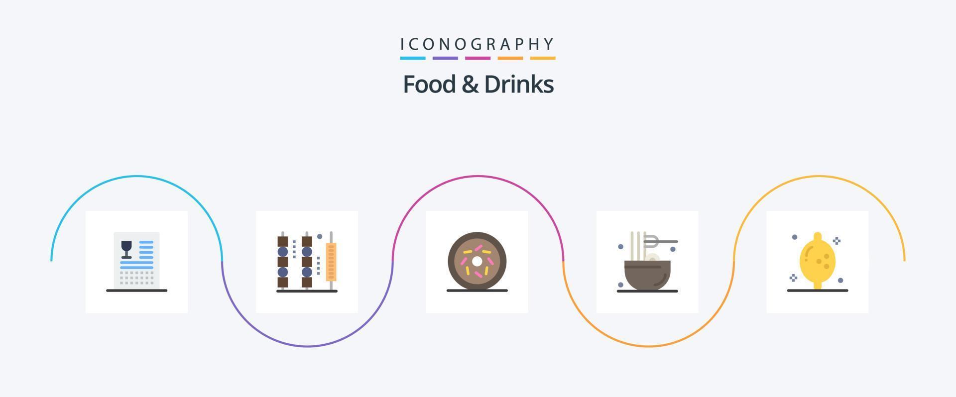 mat och drycker platt 5 ikon packa Inklusive mellanmål. mat. kött. drycker. ljuv vektor