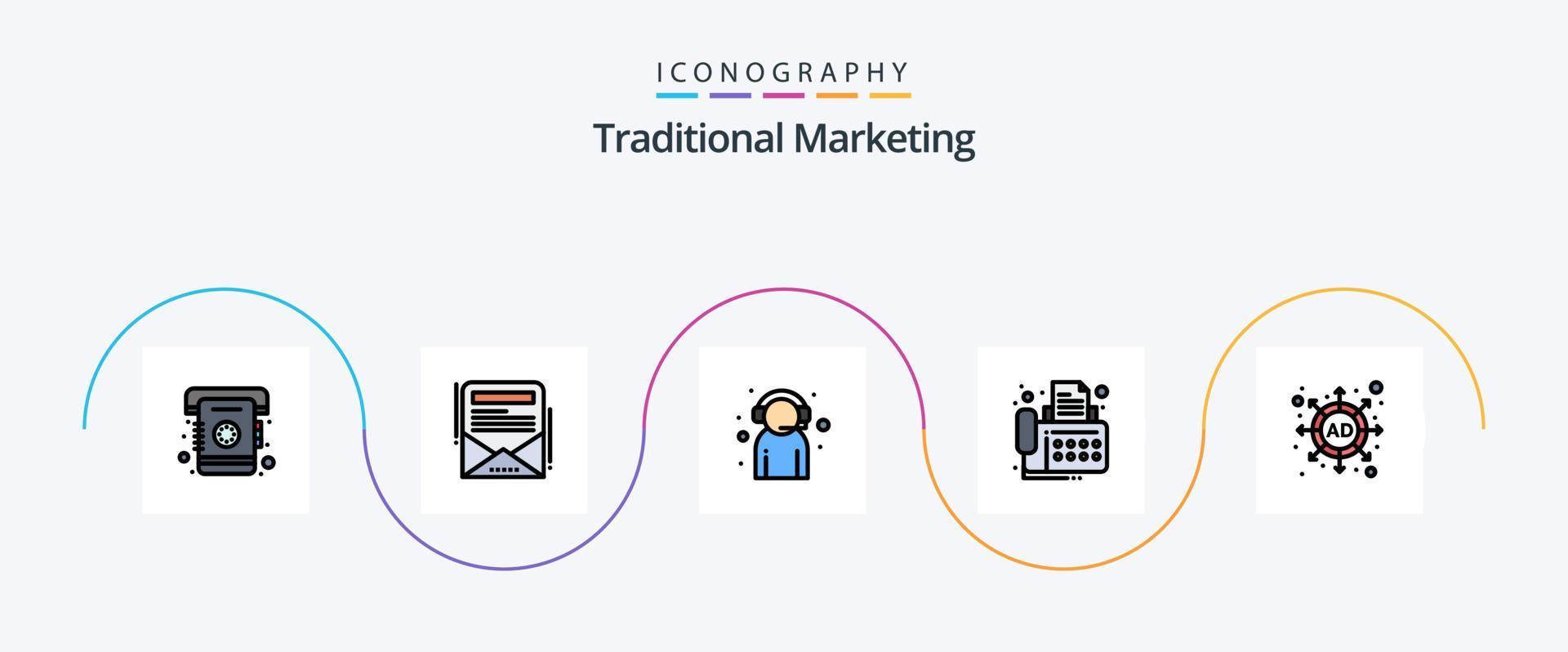 traditionell marknadsföring linje fylld platt 5 ikon packa Inklusive marknadsföring. enhet. kund. fax. förbindelse vektor