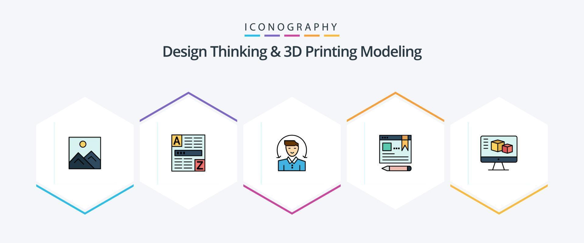 Design Thinking und D Printing Modeling 25er-Icon-Pack mit gefüllten Linien inklusive Monitor. Ausbildung. Benutzer. Stift. Browser vektor