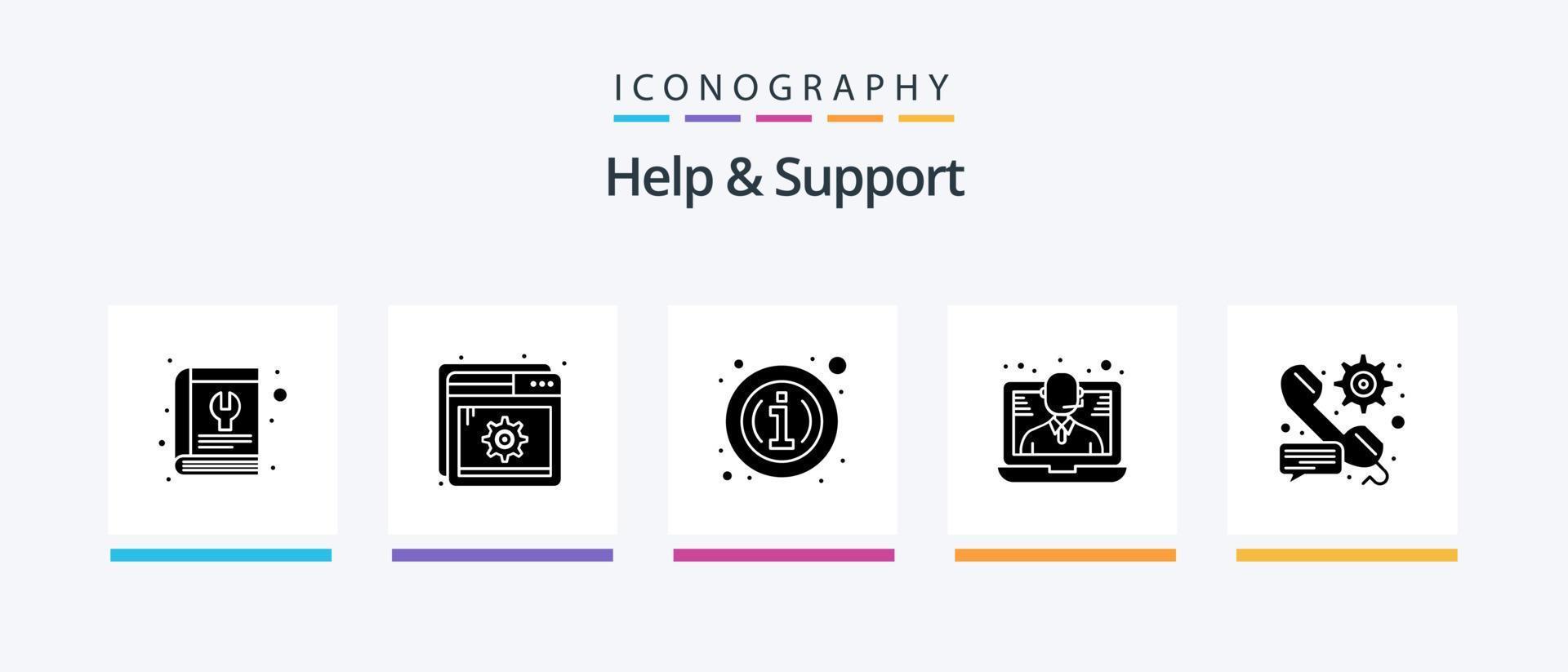 Hilfe und Support Glyph 5 Icon Pack inklusive Anruf. Unterstützung. Einstellung. Hilfe. Information. kreatives Symboldesign vektor