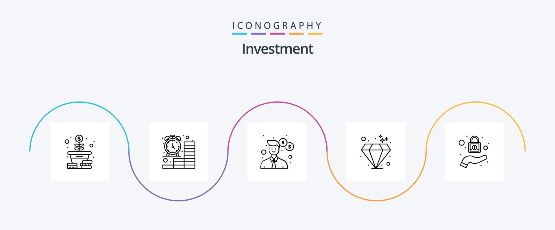 Investment Line 5 Icon Pack inklusive Schutz. Investition. Geld. Juwel. Geld vektor