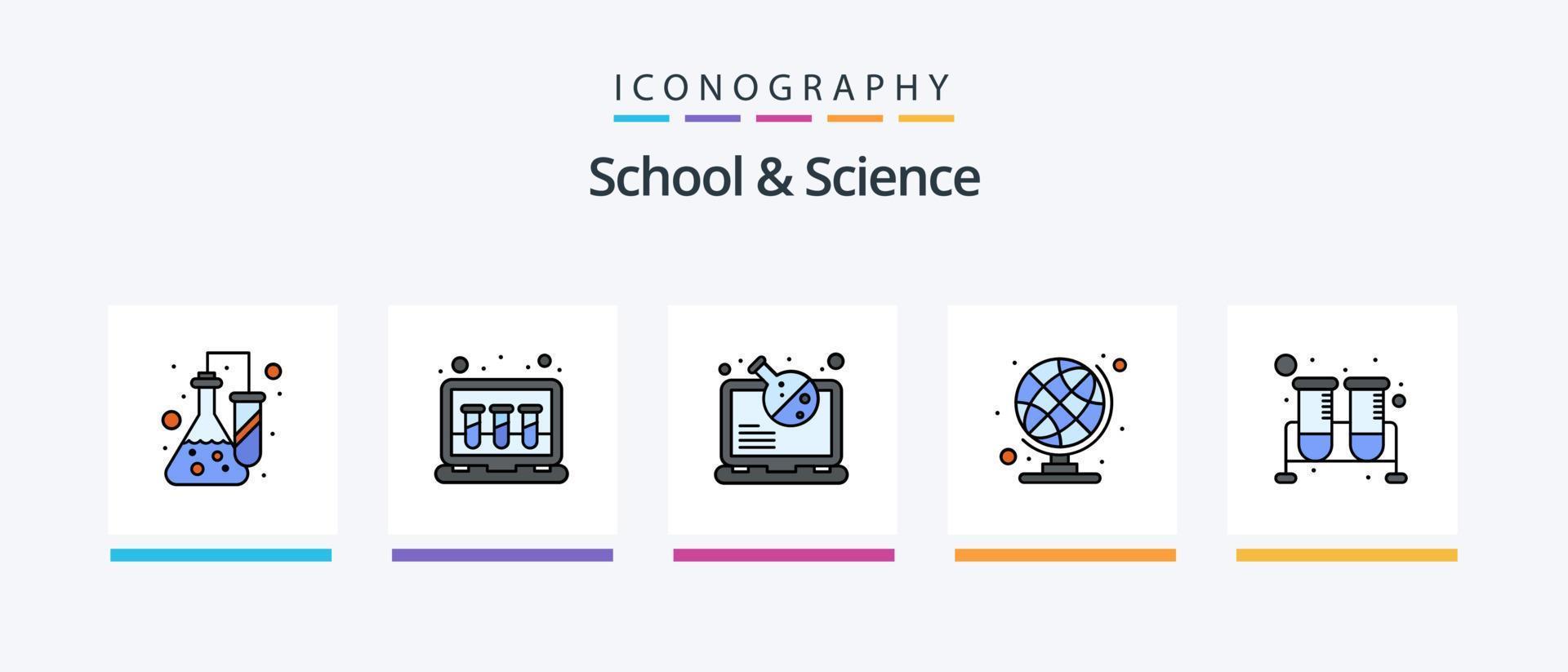 skola och vetenskap linje fylld 5 ikon packa Inklusive anteckningsbok. uppgift. kemisk. stift. notera. kreativ ikoner design vektor