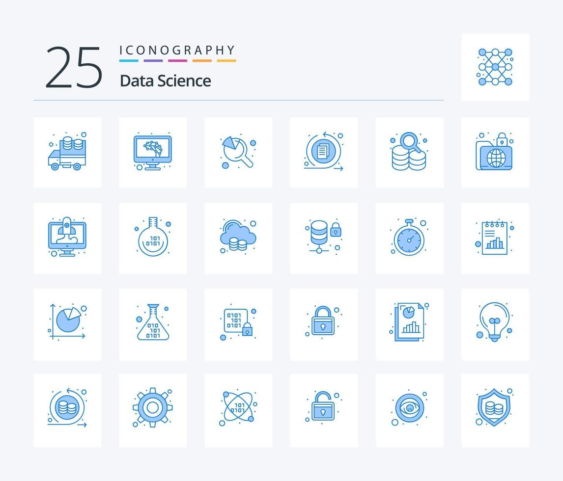 Data Science 25 blaues Symbolpaket mit Daten. Erholung. suchen. Antrieb. Daten verarbeiten vektor