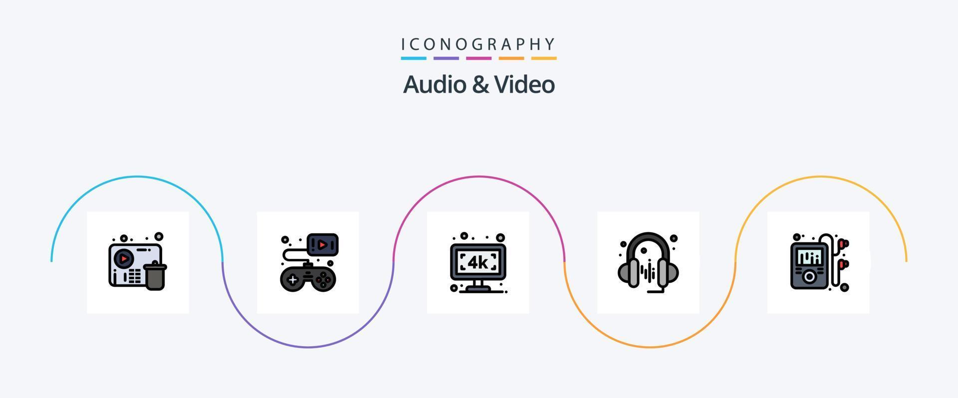 audio och video linje fylld platt 5 ikon packa Inklusive sid. smp multimedia. övervaka. ljud. hörlurar vektor