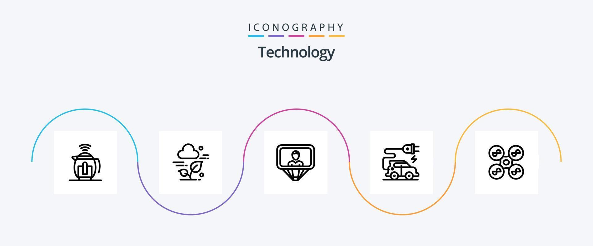 Technology Line 5 Icon Pack inklusive Quad Copter. Drohne. Benutzer. elektrisches Fahrzeug. Kraftfahrzeugtechnik vektor