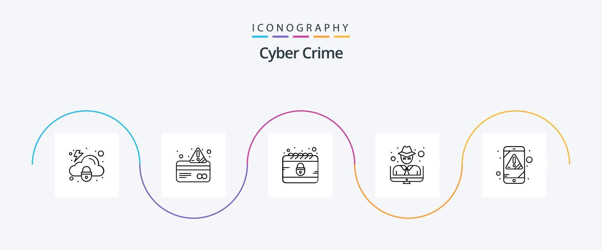 Cyber Crime Line 5 Icon Pack inklusive Fehler. Verbrechen. Kalender. Dieb. Hacker vektor