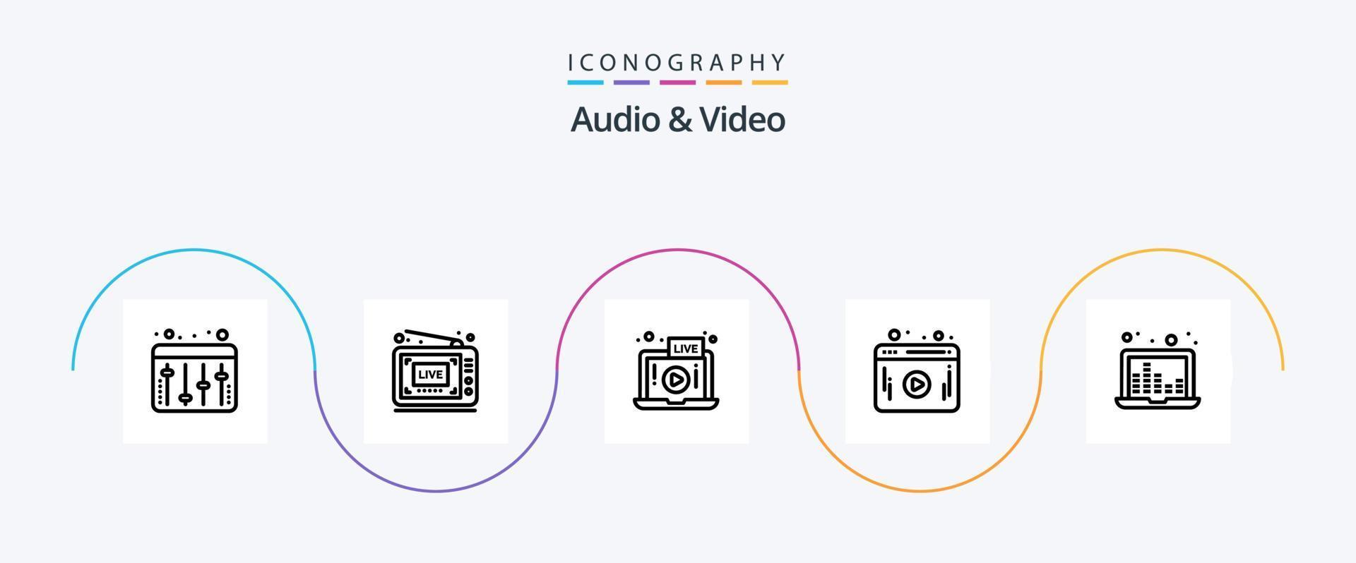 Audio- und Video-Line-5-Icon-Pack mit Schallwellen. Soundbars. Video. Laptop. Netz vektor